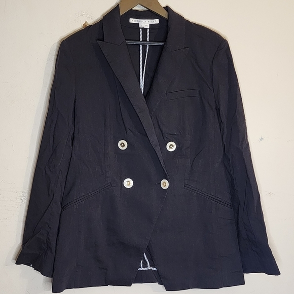 Veronica Beard Nisha Double Breasted Navy Blue Linen Blend Blazer Nautical sz 8 - Picture 2 of 12